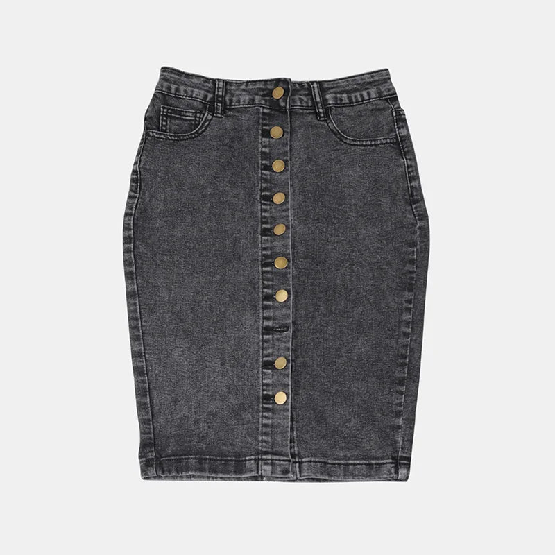 Benuynffy Streetwear Vintage Single Breasted Denim Skirt Women's Spring Summer High Waist Matching Slim Bodycon Midi Skirts