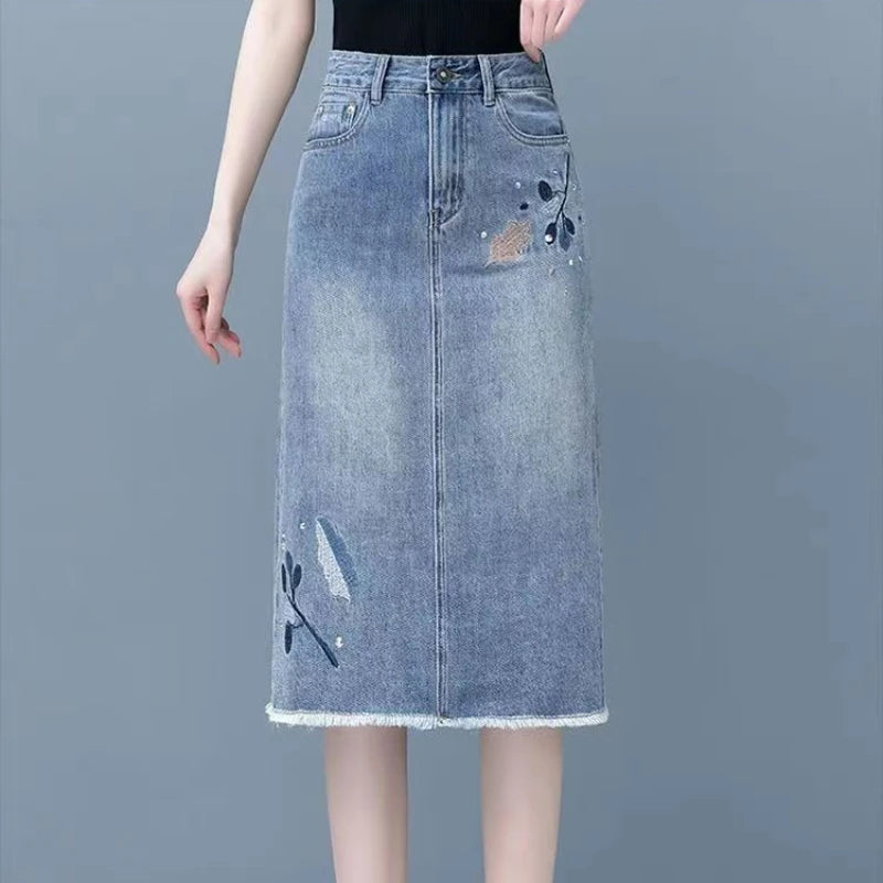 Female Jeans Skirts High Waist Blue Women's Denim Skirt Midi Embroidery Premium Aesthetic Vintage Casual Chic and Elegant Luxury