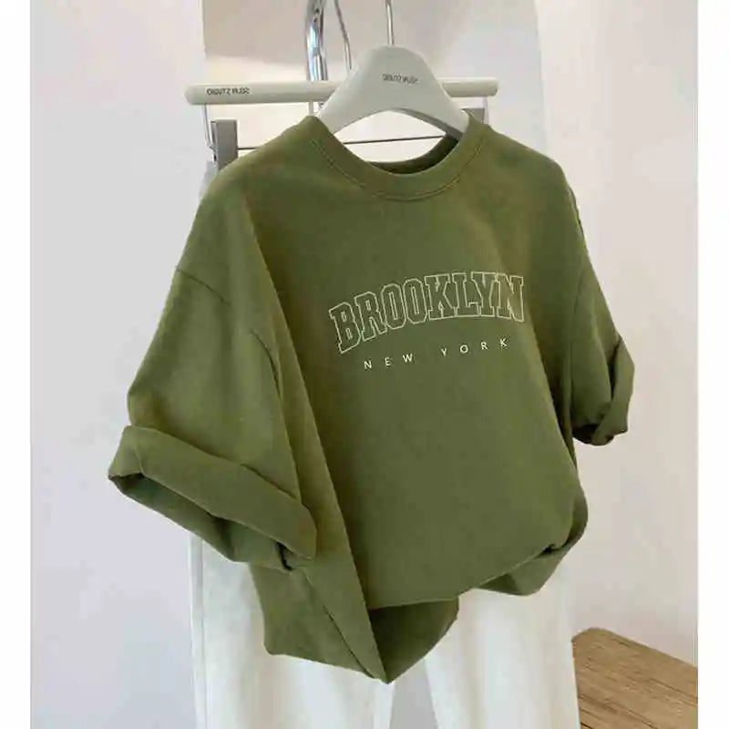 Summer Letter Pattern Lady's T-shirts Simple Large Size Round Neck All Match Top Solid Color Loose Casual Short Sleeve