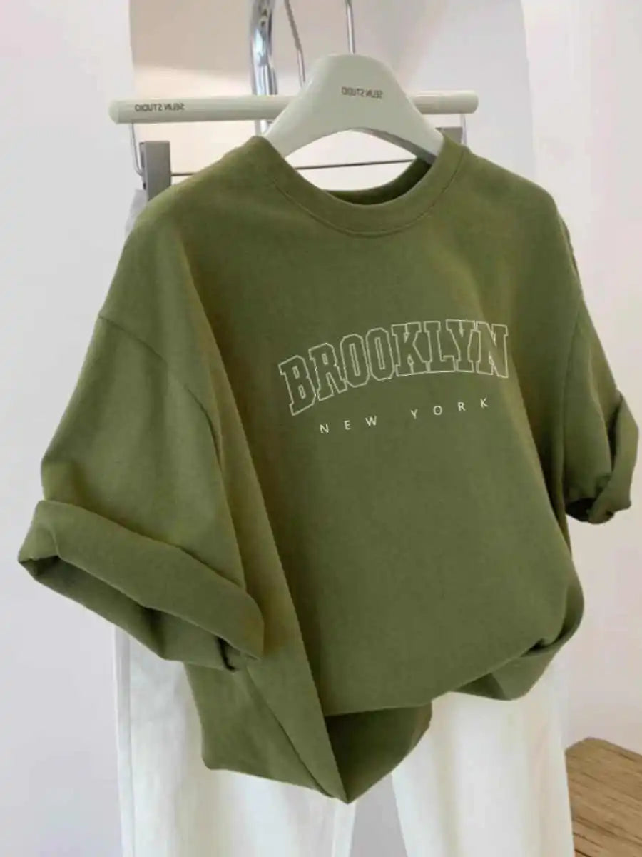 Summer Letter Pattern Lady's T-shirts Simple Large Size Round Neck All Match Top Solid Color Loose Casual Short Sleeve