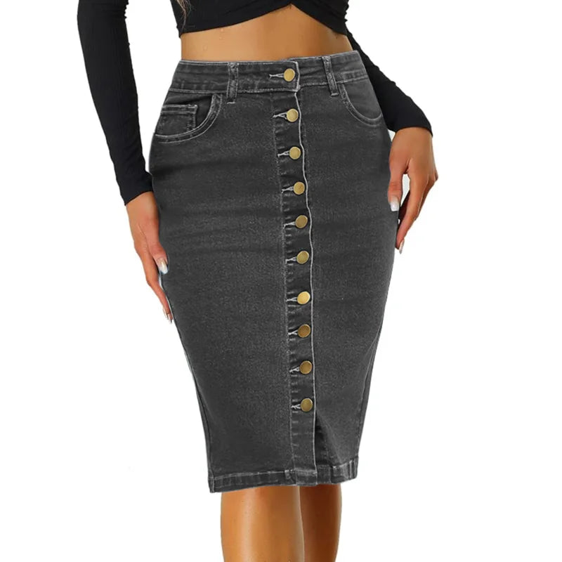 Benuynffy Streetwear Vintage Single Breasted Denim Skirt Women's Spring Summer High Waist Matching Slim Bodycon Midi Skirts