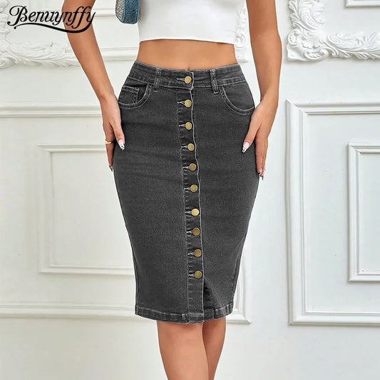 Benuynffy Streetwear Vintage Single Breasted Denim Skirt Women's Spring Summer High Waist Matching Slim Bodycon Midi Skirts