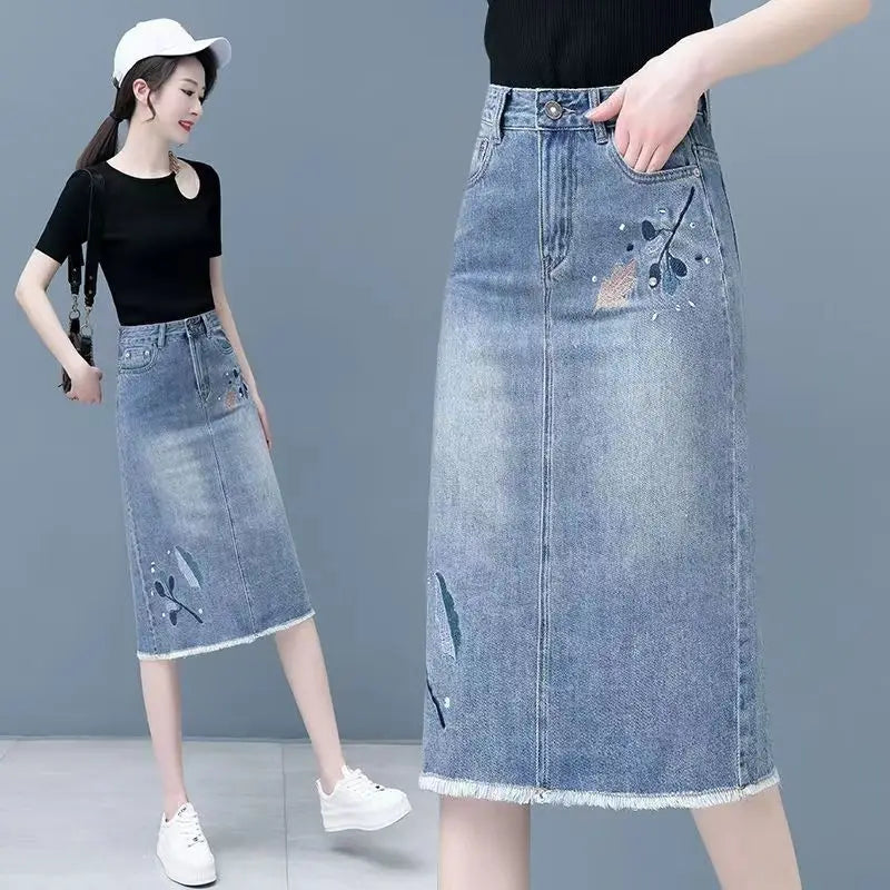 Female Jeans Skirts High Waist Blue Women's Denim Skirt Midi Embroidery Premium Aesthetic Vintage Casual Chic and Elegant Luxury