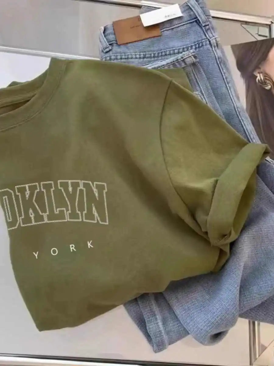 Summer Letter Pattern Lady's T-shirts Simple Large Size Round Neck All Match Top Solid Color Loose Casual Short Sleeve