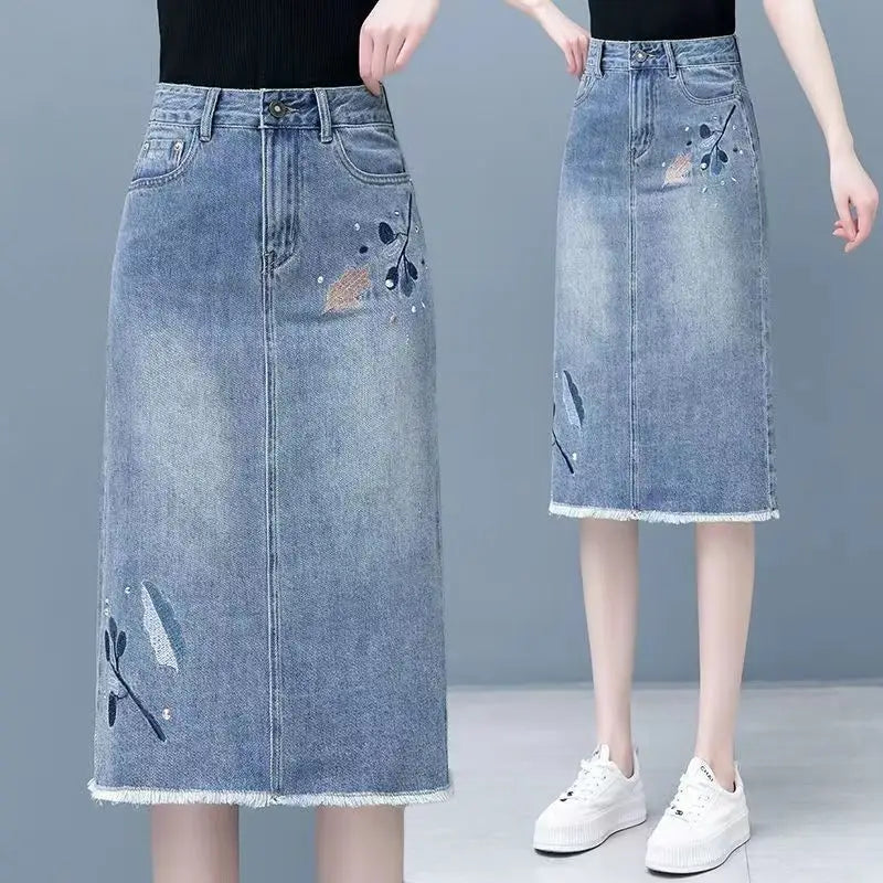 Female Jeans Skirts High Waist Blue Women's Denim Skirt Midi Embroidery Premium Aesthetic Vintage Casual Chic and Elegant Luxury