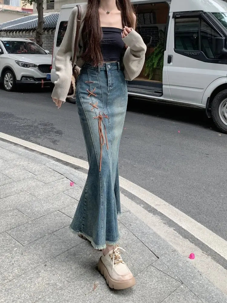 Woman Denim Skirt with Strings High Waist Fringe Long Jeans Skirts for Women Gyaru Streetwear Aesthetic A Line New in Modest
