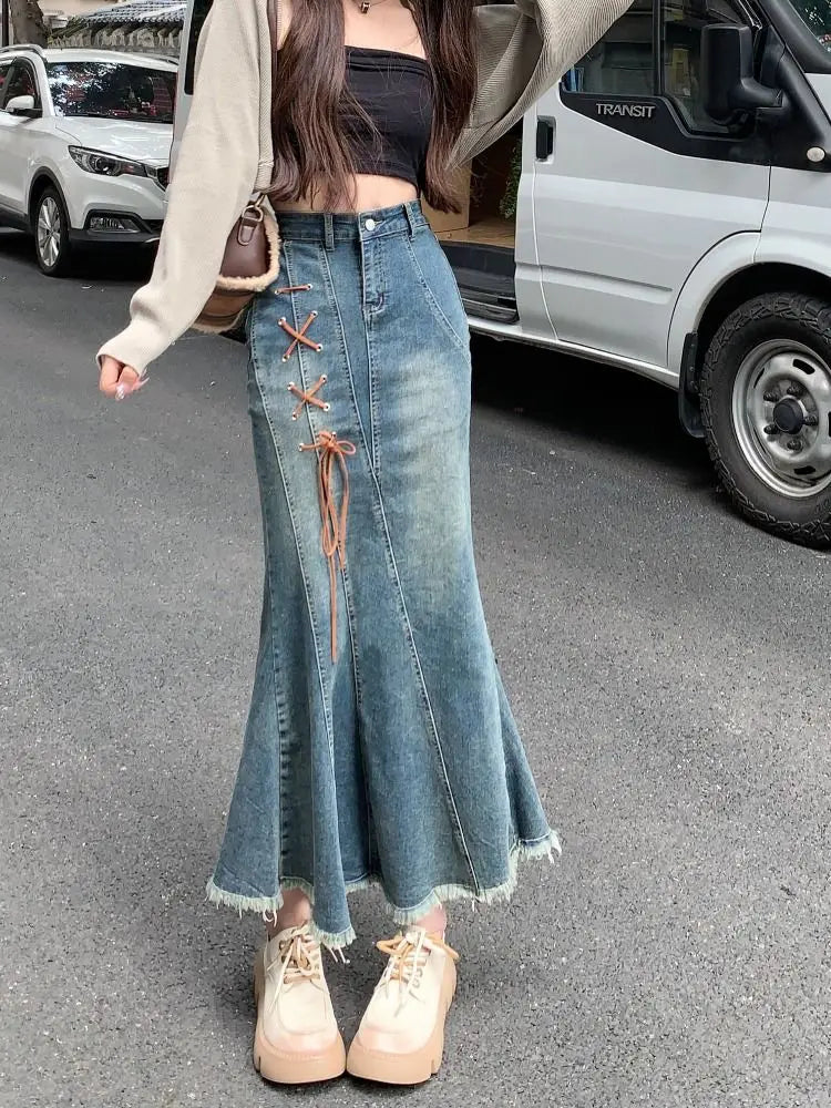 Woman Denim Skirt with Strings High Waist Fringe Long Jeans Skirts for Women Gyaru Streetwear Aesthetic A Line New in Modest