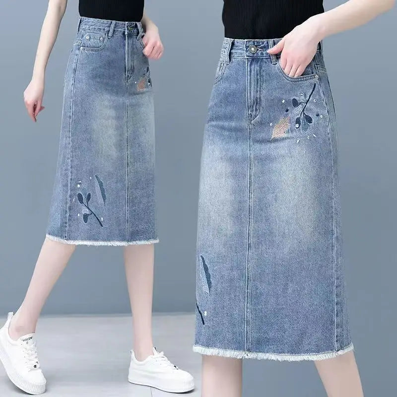 Female Jeans Skirts High Waist Blue Women's Denim Skirt Midi Embroidery Premium Aesthetic Vintage Casual Chic and Elegant Luxury