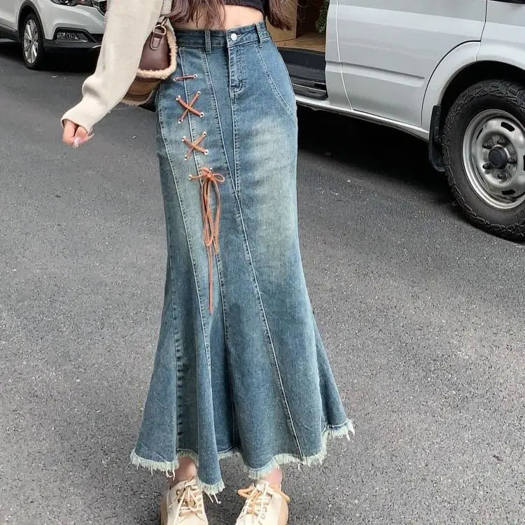 Woman Denim Skirt with Strings High Waist Fringe Long Jeans Skirts for Women Gyaru Streetwear Aesthetic A Line New in Modest