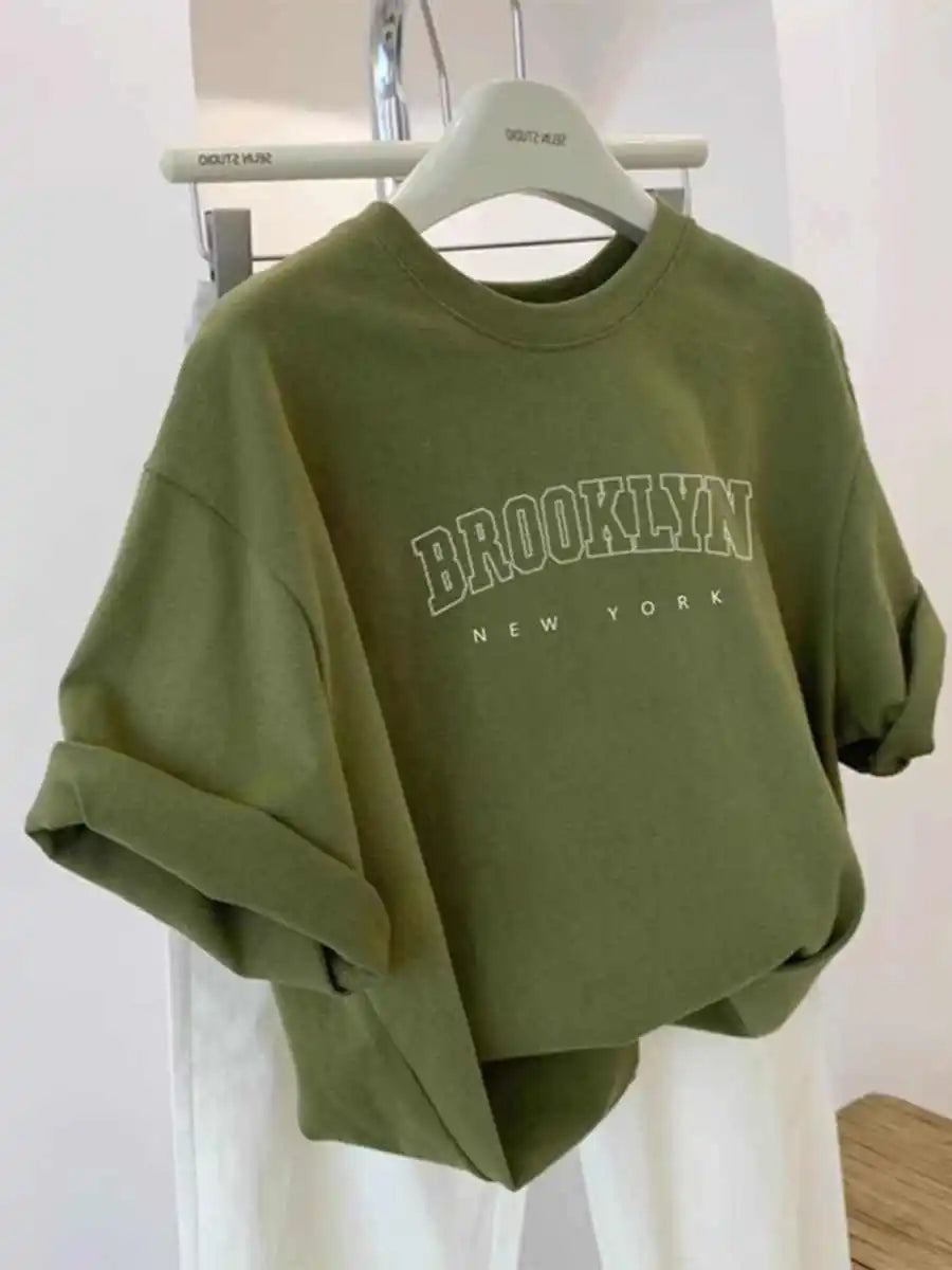 Summer Letter Pattern Lady's T-shirts Simple Large Size Round Neck All Match Top Solid Color Loose Casual Short Sleeve