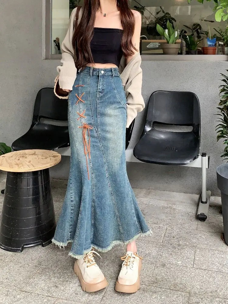 Woman Denim Skirt with Strings High Waist Fringe Long Jeans Skirts for Women Gyaru Streetwear Aesthetic A Line New in Modest