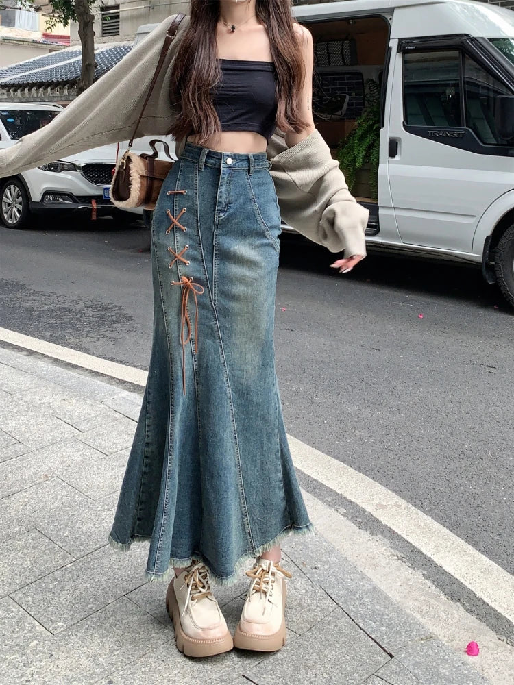 Woman Denim Skirt with Strings High Waist Fringe Long Jeans Skirts for Women Gyaru Streetwear Aesthetic A Line New in Modest