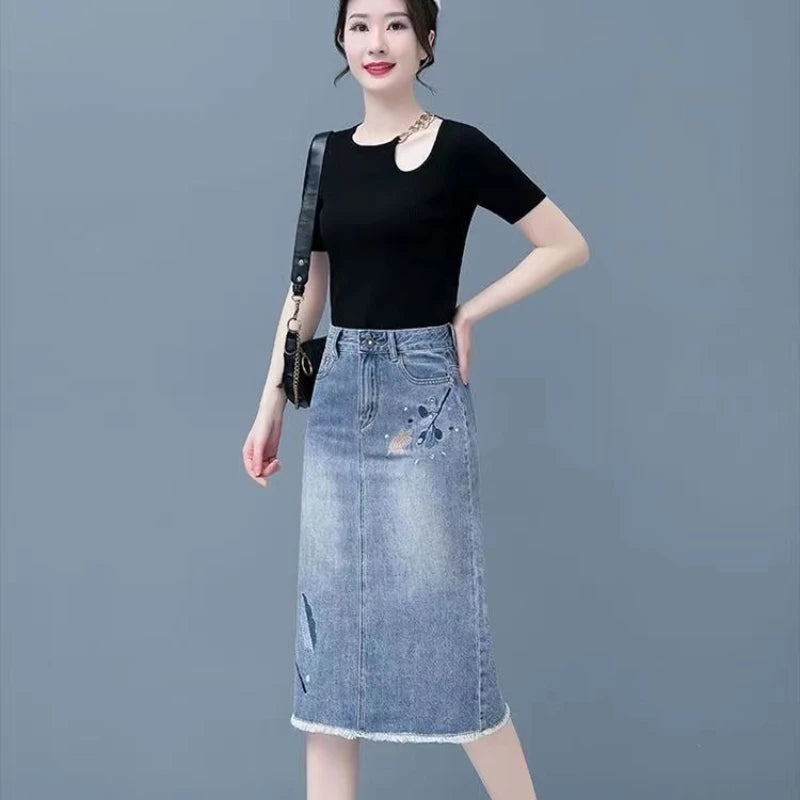 Female Jeans Skirts High Waist Blue Women's Denim Skirt Midi Embroidery Premium Aesthetic Vintage Casual Chic and Elegant Luxury