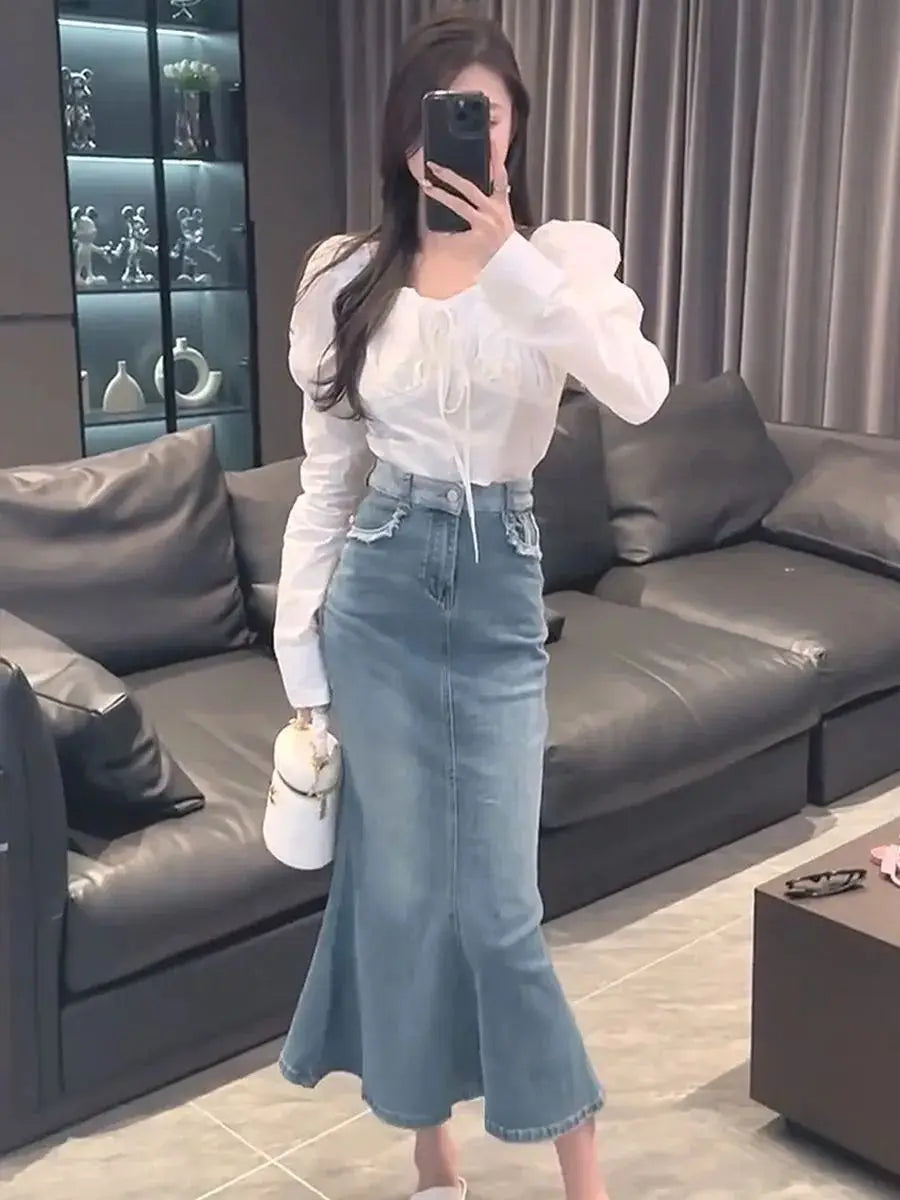 Woman Denim Skirt with Strings High Waist Fringe Long Jeans Skirts for Women Gyaru Streetwear Aesthetic A Line New in Modest