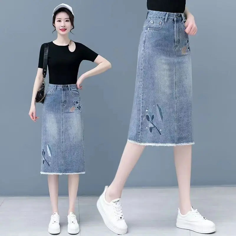 Female Jeans Skirts High Waist Blue Women's Denim Skirt Midi Embroidery Premium Aesthetic Vintage Casual Chic and Elegant Luxury