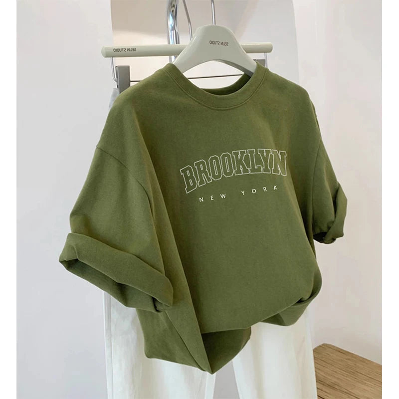 Summer Letter Pattern Lady's T-shirts Simple Large Size Round Neck All Match Top Solid Color Loose Casual Short Sleeve