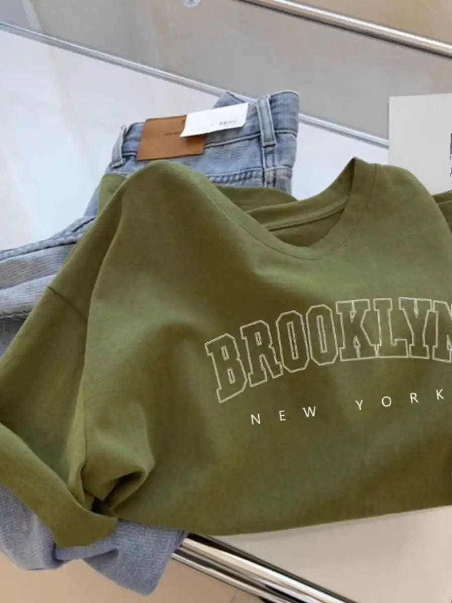 Summer Letter Pattern Lady's T-shirts Simple Large Size Round Neck All Match Top Solid Color Loose Casual Short Sleeve