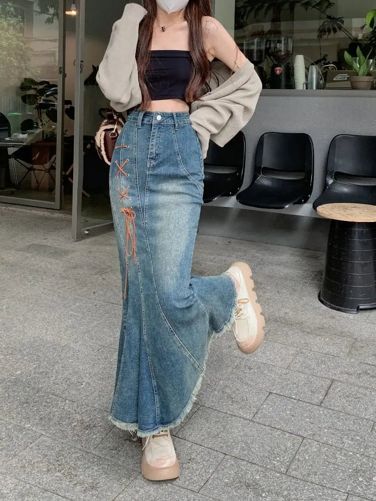 Woman Denim Skirt with Strings High Waist Fringe Long Jeans Skirts for Women Gyaru Streetwear Aesthetic A Line New in Modest